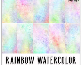 May include: A set of 10 digital watercolor overlays in rainbow colors. The overlays are high resolution JPG files and are perfect for adding a touch of color and whimsy to your designs.