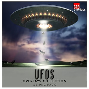 May include: A collection of 25 UFO overlays in PNG format. The image shows a UFO hovering over a field with cows being lifted into the air by a beam of light. The text "UFOs Overlays Collection 25 PNG Pack" is displayed at the bottom of the image.
