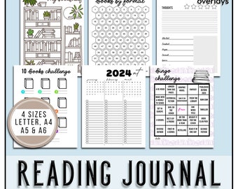 May include: Printable reading journal bundle with 80 JPG and 4 PDF files. The bundle includes a bookshelf tracker, a books by format tracker, a 10 books challenge, a 2024 reading log, and a bingo challenge.