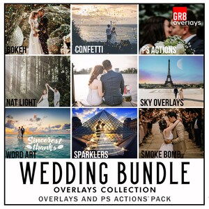 68 Pacote de sobreposições de CASAMENTO, sobreposições de Bokeh, confete, bomba de fumaça, faíscas, céu, luz natural, ações PS, sobreposições de Photoshop, fotografia