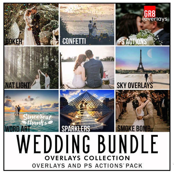 WEDDING Overlays Bundle, Bokeh overlays, Confetti, Smoke Bomb, Sparklers, Sky, Natural Light, PS Actions, Photoshop Overlays, Photography