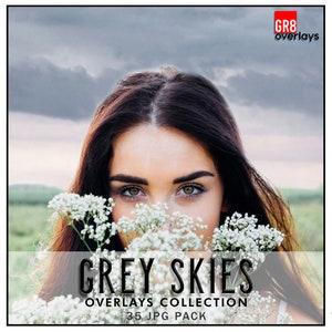Pode incluir: Uma mulher com cabelo comprido e escuro segura um buquê de flores brancas na frente do rosto. O fundo é um céu nublado. O texto "GREY SKIES OVERLAYS COLLECTION 35 JPG PACK" está na parte inferior da imagem.