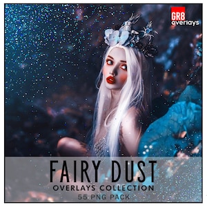 Könnte beinhalten: Eine Frau mit weißen Haaren und einer Blumenkrone sitzt vor einem blauen und schwarzen Hintergrund mit Glitzer. Der Text "FAIRY DUST OVERLAYS COLLECTION 55 PNG PACK" befindet sich am unteren Rand des Bildes.