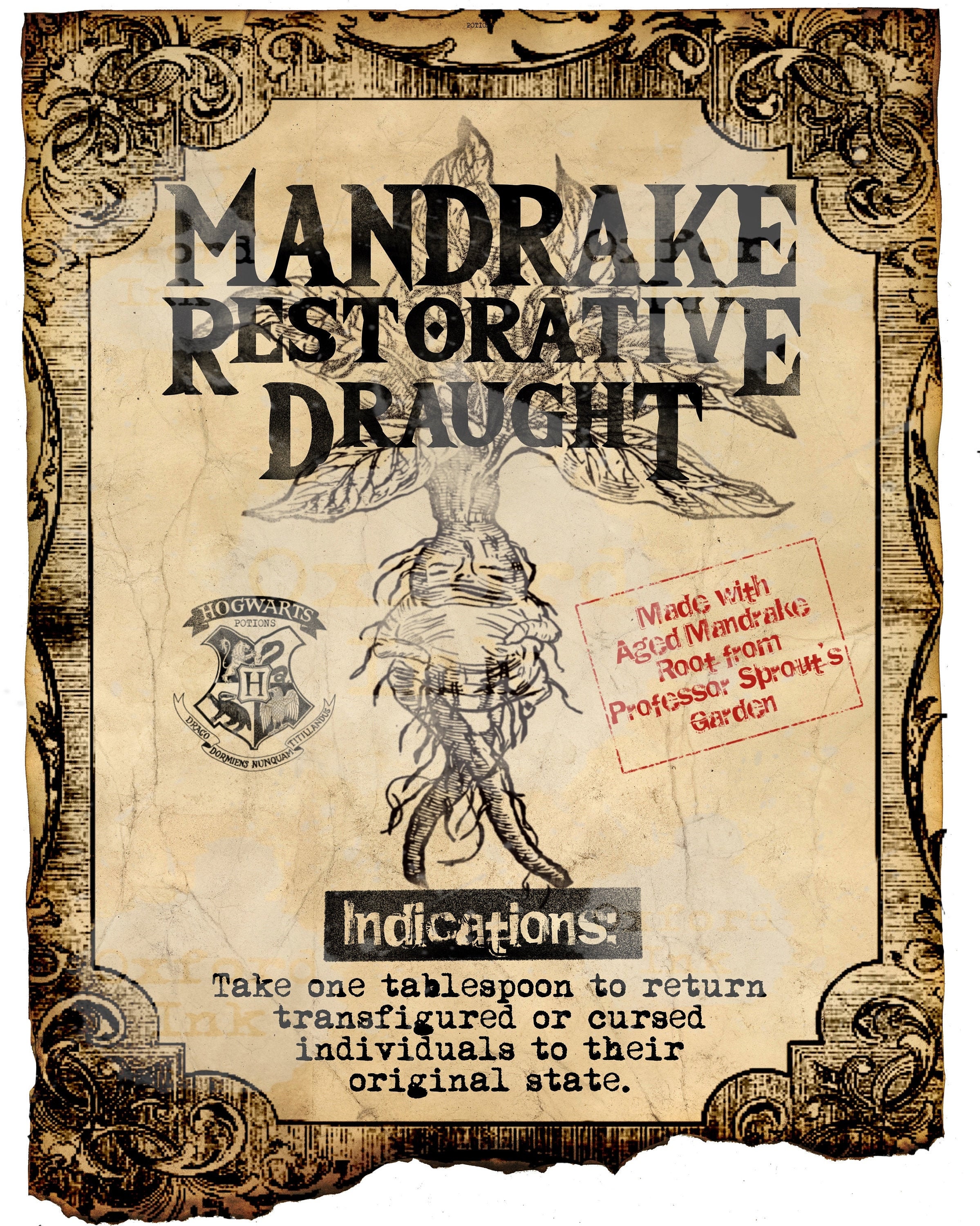 Mandrake Restorative Draught Harry Potter Potion Label DIY Etsy