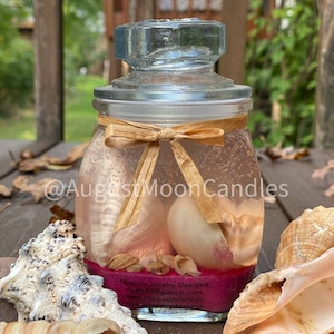 Seashell Gel Wax Scented Candles in Apothecary Jar with Hot Pink Sand, Housewarming Gift, Candle for Fall, Ocean Decor, Hostess Gift