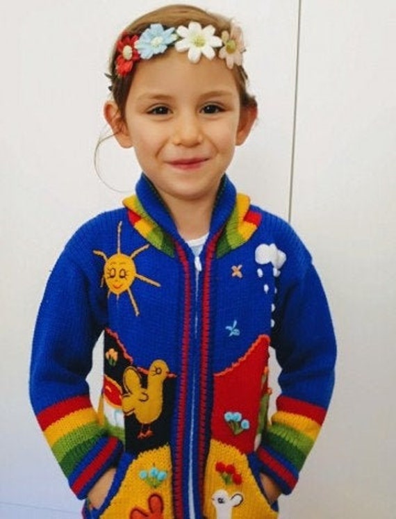 Child/'s Arpillera Handmade Peruvian Sweater From Peru Blue 4T