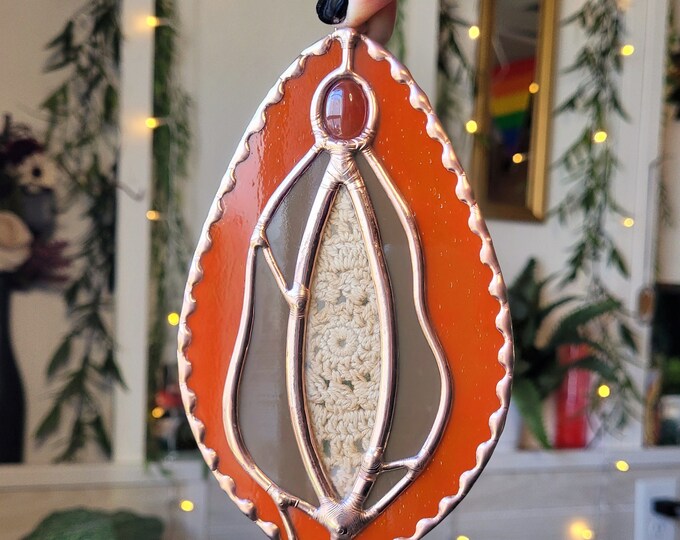 Terra Cotta and Dark Brown Stained Glass Yoni W/ Crochet Center and Red Stone W/ Copper Finish