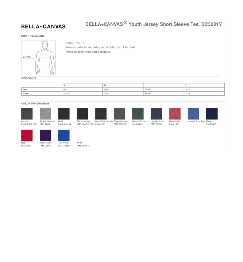 May include: A size chart for youth jersey short sleeve tees, showing sizes S, M, L, and XL, with corresponding chest measurements in inches. The chart also includes a color information section with color swatches and PMS color codes for various colors, including asphalt, black, heather forest, and true royal.