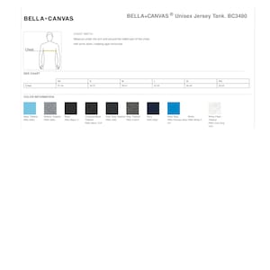 May include: Size chart for a unisex jersey tank top. The chart shows the chest measurements in inches for sizes XS, S, M, L, XL, and 2XL. The color options are: Aqua Tiblend, Athletic Heather, Black, Charcoal-Black Tiblend, Dark Grey Heather, Grey Tiblend, Navy, Neon Blue Process Blue, White, and White Fleck Tiblend.