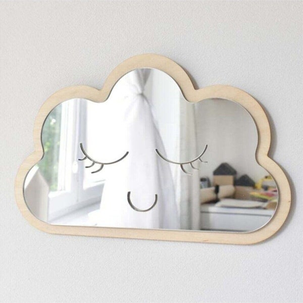 cloud shaped kid nursery room wood mirror hanging wall natural