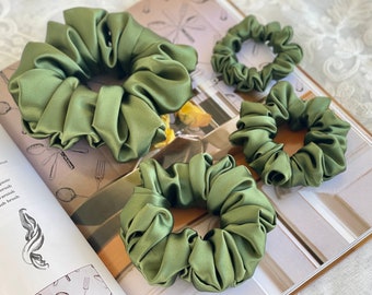 Dark Olive Green Silk Satin Scrunchies: Handmade 30 Momme Hair Tie