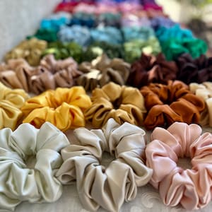 May include: A collection of colourful satin scrunchies in various shades of brown, yellow, beige, and pink. The scrunchies are arranged in a row, with the lighter colours at the front and the darker colours at the back.