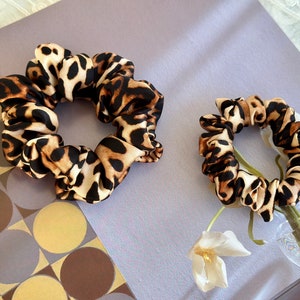 Leopard Print Silk Satin Scrunchies: Handmade Hair Tie