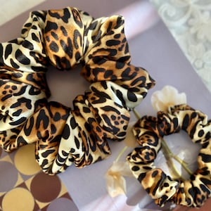 Leopard Print Silk Satin Scrunchie: Handmade Hair Tie