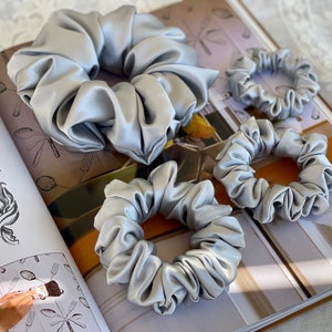 Silver 30 Momme 100% Pure Mulberry Silk Satin Scrunchies  XL Oversized Giant Scrunchies WIDE ELASTIC Thin Regular Thick 90s fashion Hair Tie