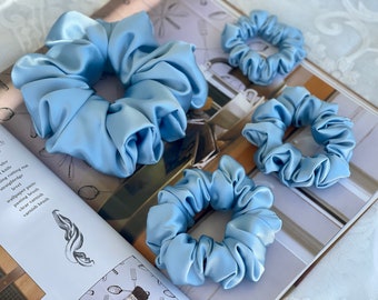 Sky Blue 30 Momme 100% Pure Mulberry Silk Satin Scrunchies  XL Giant Jumbo Regular Skinny Ultra Thin Mini Hair Tie Gift For Wedding Hair Tie