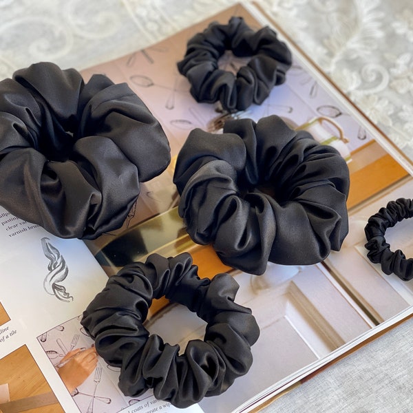 Black Hair Scrunchies 30 Momme 100% Pure Mulberry Silk Scrunchies XL Oversized Jumbo Regular Skinny Ultra Thin Mini Hair Scrunchy Gift Ideas