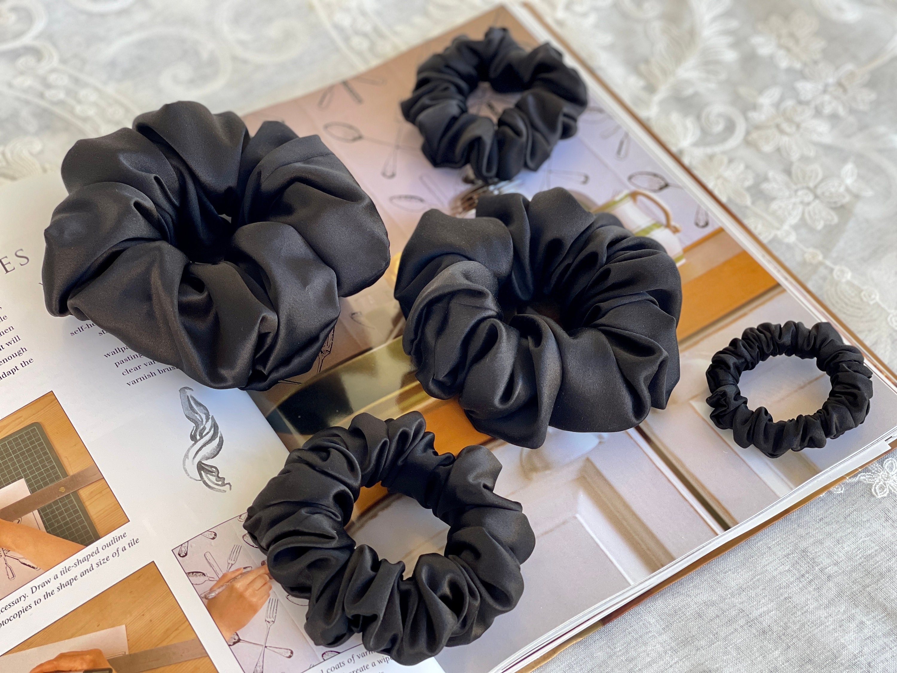 Black Silk Scrunchies: Handmade 30 Momme Mulberry Silk Hair Tie