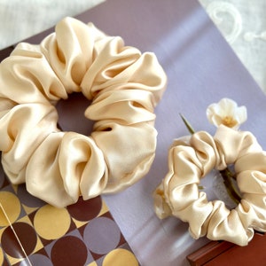 Creamy White Beige 19 Momme Silk Satin Scrunchies Giant Jumbo Skinny Thin Thick Hair Tie Gift for Her Holiday Scrunchies Handmade Scrunchies