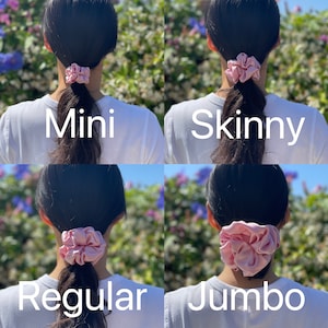 May include: Four different sizes of pink scrunchies for hair. From left to right: mini, skinny, regular, and jumbo.