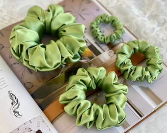 Moss Green Mulberry Silk Satin Scrunchies: Handmade Hair Tie