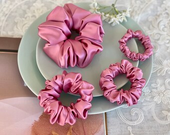 Taffy Pink Hair Tie 30 momme silk Soft Satin Scrunchies Elastic Hair Tie Scrunchies Oversized Scrunchies Jumbo Large Skinny Mini Pure Silk