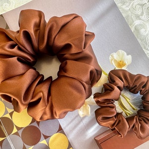Chocolate Silk Satin Scrunchies: Handmade 30 Momme Hair Accessories