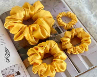 Yellow Gold 30 Momme 100% Pure Mulberry Silk Satin Scrunchies  XL Giant Jumbo Regular Skinny Ultra Thin Mini Hair Tie Gift For Wedding