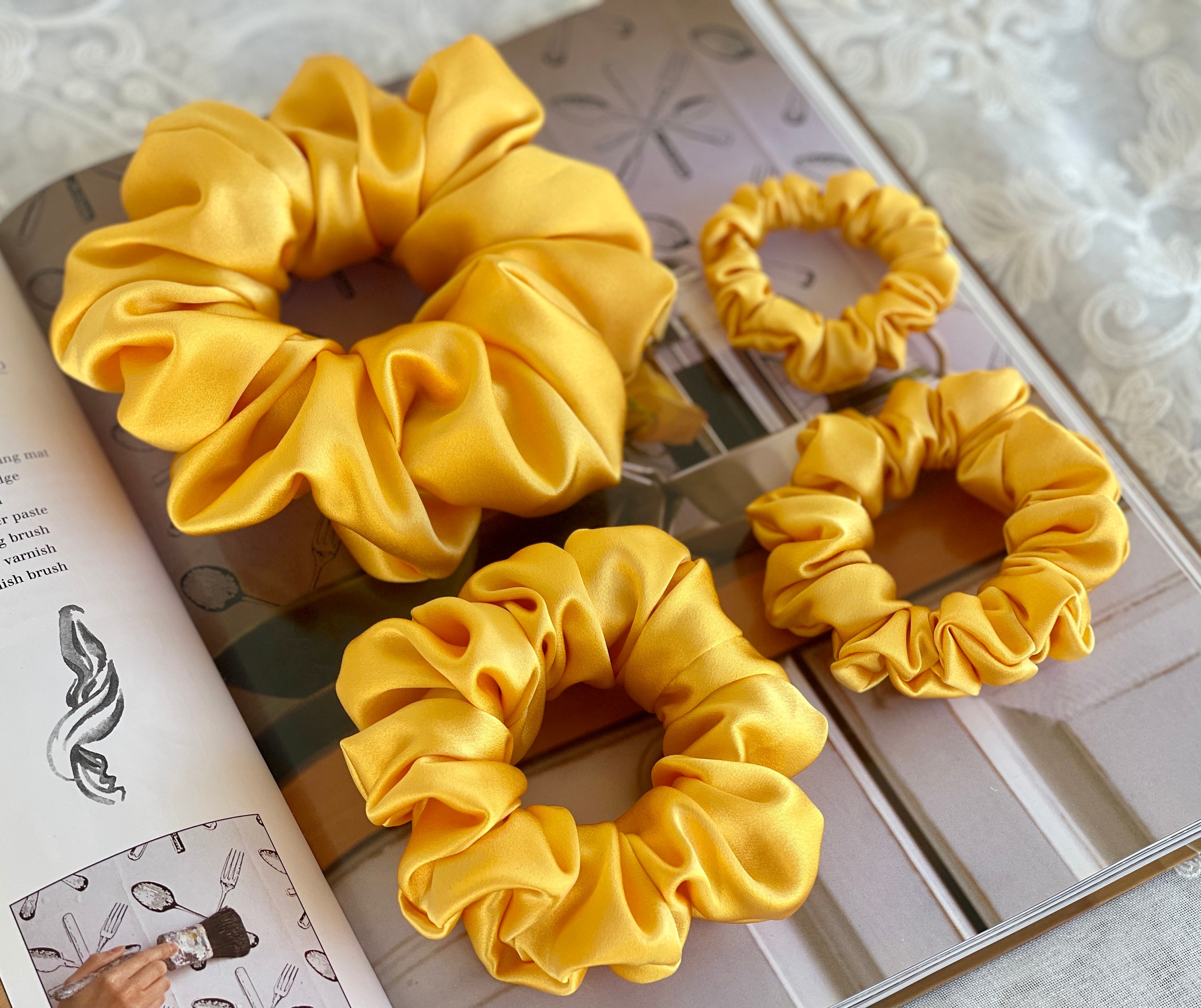 Yellow Gold Mulberry Silk Satin Scrunchie: Handmade 30 Momme Hair