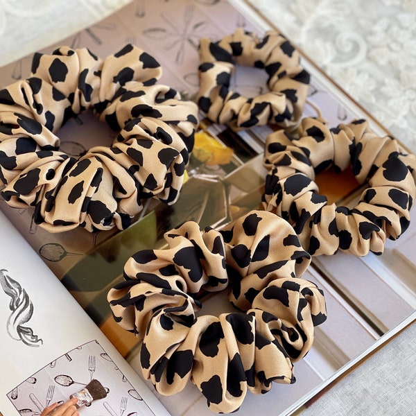 Leopard Print 21 Momme Mulberry Silk Satin Scrunchies Giant Jumbo Regular Skinny Ultra Thin Thick Hair Mini Hair Tie Gift For her Ponytails