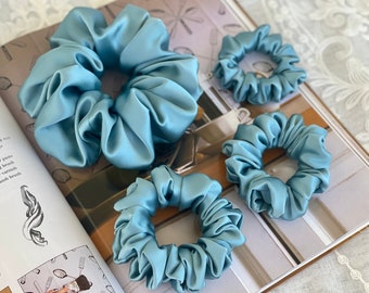 Blue Grey 30 Momme 100% Pure Mulberry Silk Satin Scrunchies  XL Giant Jumbo Regular Skinny Ultra Thin Mini Hair Scrunchies for bridesmaids