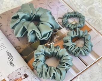 Sage Green 30 Momme 100% Pure Mulberry Silk Satin Scrunchies  XL Giant Jumbo Regular Skinny Ultra Thin Mini Hair Scrunchies for bridesmaids