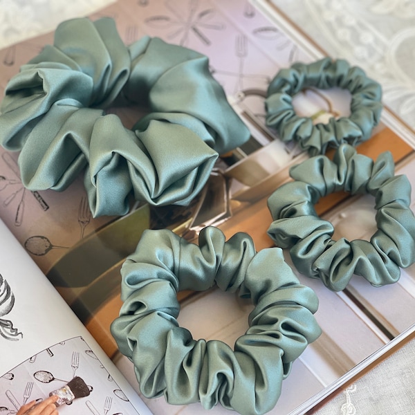 Sage Green 30 Momme 100% Pure Mulberry Silk Satin Scrunchies  XL Giant Jumbo Regular Skinny Ultra Thin Mini Hair Scrunchies for bridesmaids