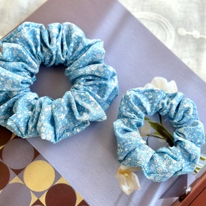 Blue Base Floral Print Thin Cotton Hair Tie Cotton Scrunchies Elastic Hair Tie Scrunchies Normal Skinny Thick Scrunchy Summer Gift For Her