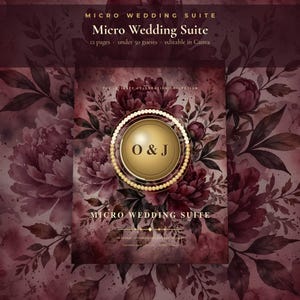 Micro Wedding Invitation Suite, Burgundy Peony Design, 12-Page Printable Canva Bundle