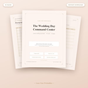 May include: A set of printable wedding planner pages titled The Wedding Day Command Center by Luxe Vow Printables. The document is US Letter size, 21.59 x 27.94 cm, and contains 55 pages. The layout features a cream background with black text.