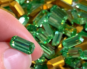 12pc Peridot Green 5x10mm Swarovski Rhinestone Crystals, Octagon Baguette Rectangle Cut, Vintage Rhinestones Gold Foiled DIY Jewelry Parts