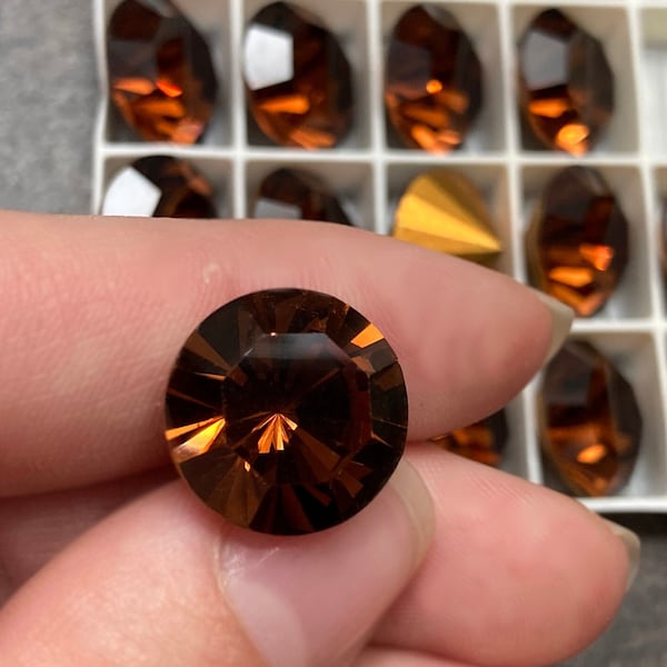 Genuine Swarovski Crystals Smoked Topaz Gold Foiled SS60 1102 Large Round Rhinestones Pointed, Jewelry Findings Parts Crafts Repair Stone