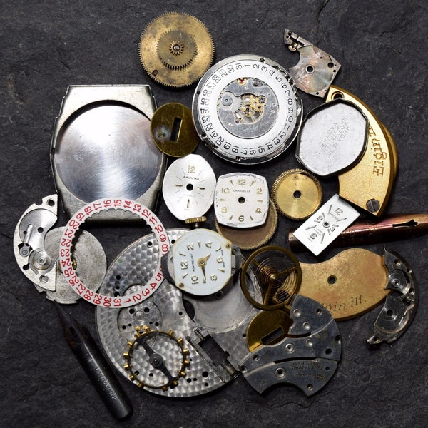 Steampunk Watch Parts, Destash Lot Vintage Watch Movements Pieces Gears Plates Dials Faces Assortment, Steampunk Jewelry Supplies Findings