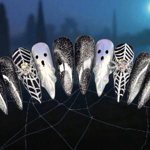 Glam Webbed| Black and Silver Nails| Halloween Nail Art| 3D ghost Nails| Cat Eye Nails| Dymeology Nails