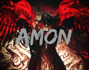 May include: A figure with long dark hair and red wings stands in a dark, ornate setting. The word "AMON" is written in large, white letters across the image.