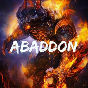 Puede incluir: Una criatura demoníaca de fuego con cuernos y garras, envuelta en llamas, contra un cielo oscuro y tormentoso. La palabra "ABADDON" está escrita en blanco sobre la imagen.