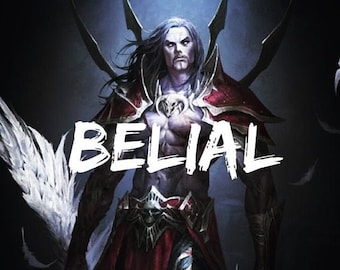 May include: A digital illustration of a dark-haired, muscular man with a white beard and a white, bold text overlay that reads "BELIAL".
