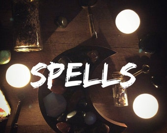 May include: A crescent moon-shaped wooden tray with a variety of crystals and stones. The tray is surrounded by candles, jars, and a key. The word "SPELLS" is written in white letters on the tray.