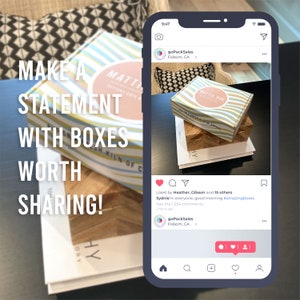 May include: A phone screen displaying an Instagram post with a photo of a stack of boxes. The boxes are decorated with a striped pattern and the text "Mattie Rae" and "Pottery Cafe & Kiln of Clay". The caption reads "Liked by Heather, Gibson and 15 others Sydnie hi everyone, good morning #amazingboxes See the 1,234 comments 3 hours ago goPackSales Folsom, CA".