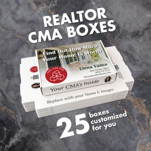 May include: White rectangular boxes stacked on a marble surface. The top box features a photo of a house and text that reads "Find Out How Much Your Home Is Worth." The boxes are labeled "REALTOR CMA BOXES" and "Your CMA's Inside."