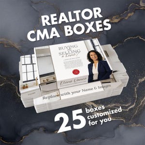 May include: White Realtor CMA boxes with the text "REALTOR CMA BOXES" and "25 boxes customized for you". The boxes feature a photo of a woman and the text "Buying or Selling a home?" and "Replace with your Name & Images".