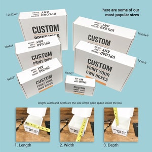 May include: White cardboard boxes of various sizes with the text "Custom Print Your Own Boxes" and "Upload Any Design, Color, Logo". The boxes are labeled with their dimensions in inches, such as 12x12x4, 10x8x4, 9x6x3, 6x4x2, 15x10x4, and 12x9x3.
