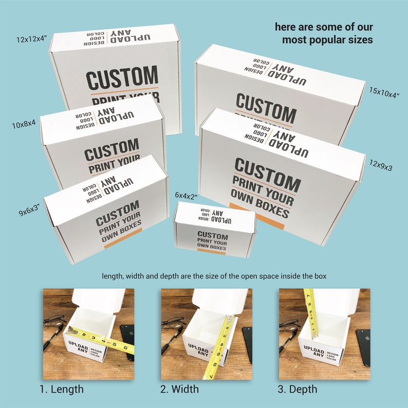 May include: White cardboard boxes of various sizes with the text "Custom Print Your Own Boxes" and "Upload Any Design, Color, Logo". The boxes are labeled with their dimensions in inches, such as 12x12x4, 10x8x4, 9x6x3, 6x4x2, 15x10x4, and 12x9x3.
