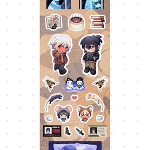以下が含まれることがあります： さまざまなアニメスタイルのイラストが描かれたステッカーシート。シートには、キャラクター、動物、食べ物、その他のオブジェクトの画像が含まれています。カラーパレットは主にパステルで、いくつかの暗いアクセントがあります。全体的なテーマはかわいくて気まぐれです。